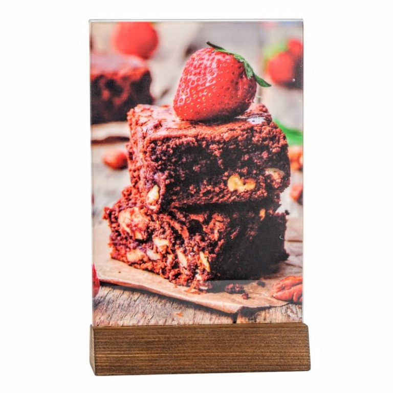 Menu Holder WOOD - suport pentru pliante, meniuri, flyere, din plexiglas si cu baza din lemn maro inchis